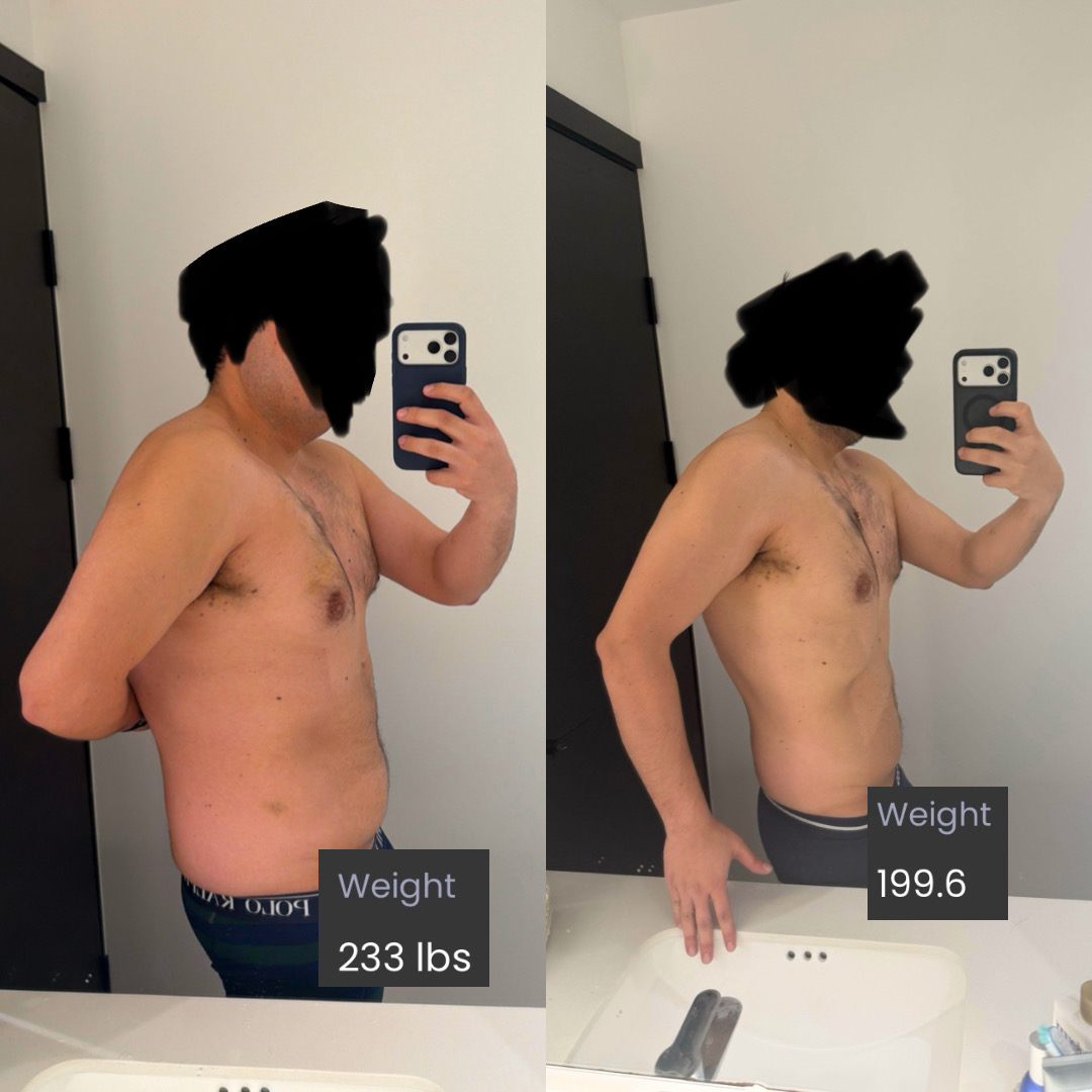 Client side-by-side transformation — 233 lbs to 199.6 lbs