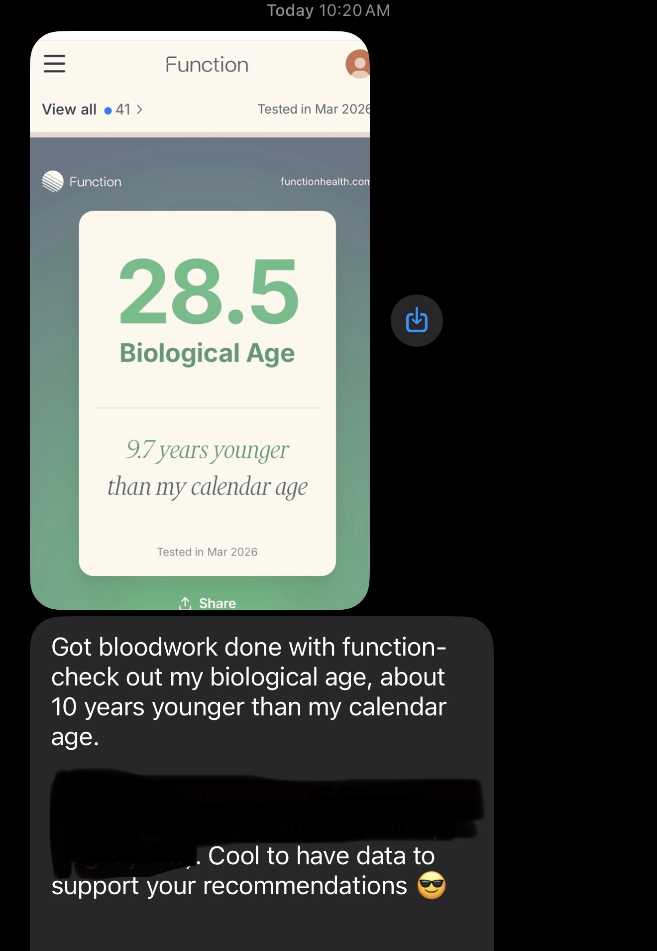 Client Function Health bloodwork — biological age 28.5, almost 10 years younger than calendar age