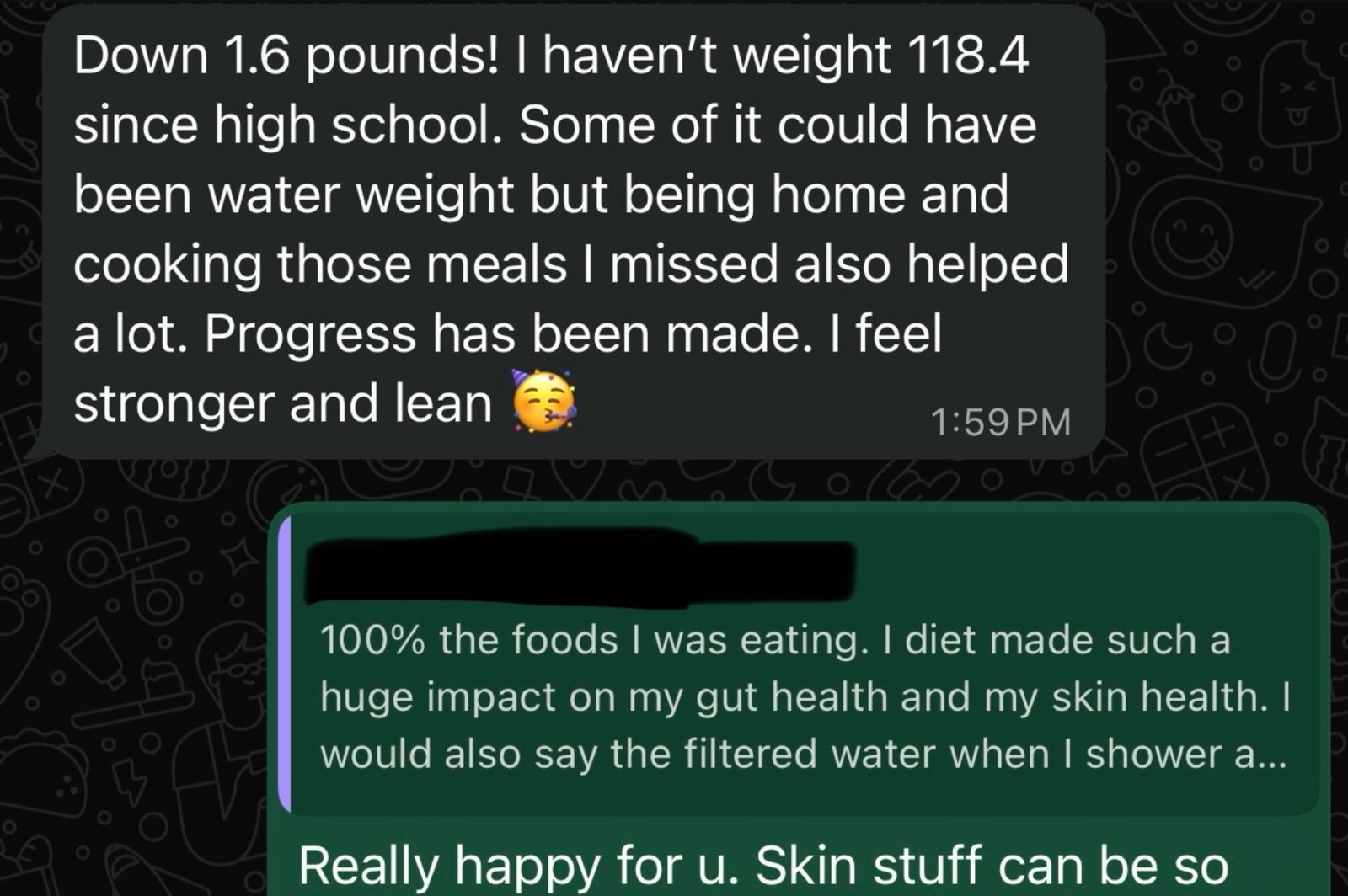 Client text, lowest weight since high school, feeling stronger and lean