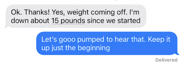 Client text — 15 pounds lost