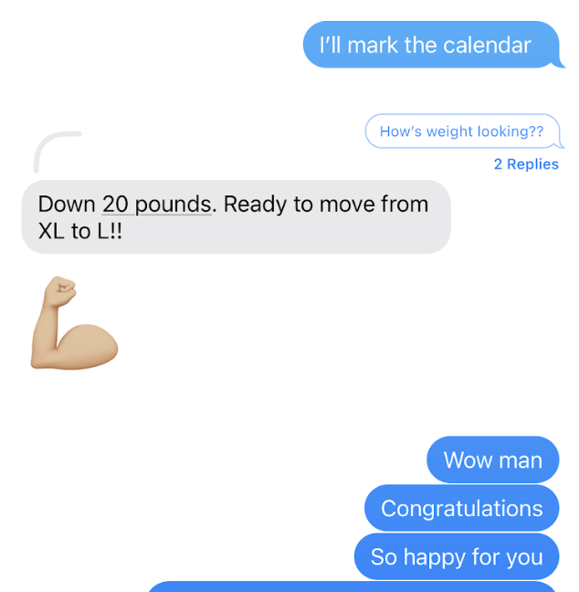 Client text — 20 pounds lost