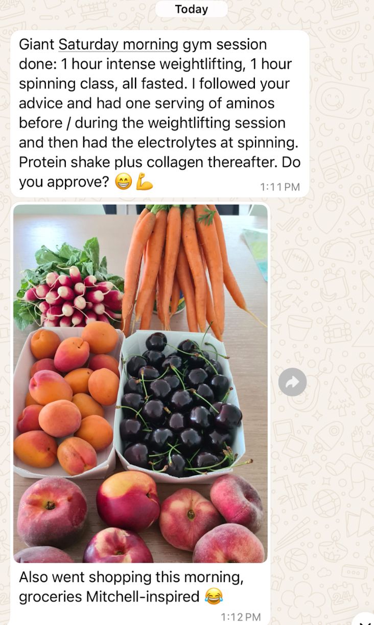 Client text, fasted training session done with clean Mitchell-inspired groceries