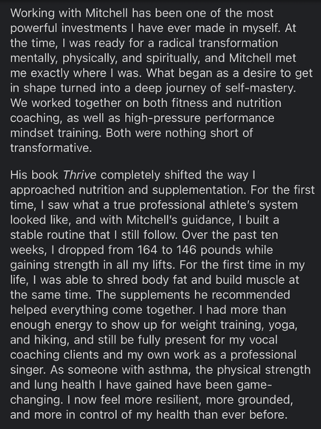 Client testimonial — transformation with Mitchell and the Thrive book
